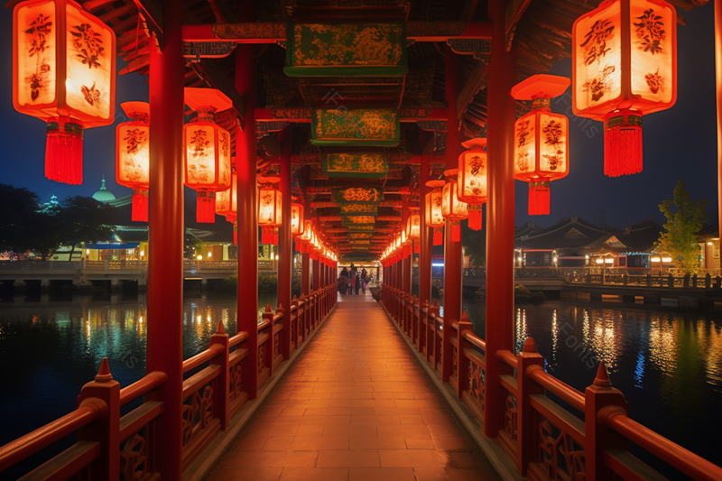 长廊灯笼过年气象夜景建筑实拍摄影图,高清,摄影图,摄影图片,图片大全,摄影图免费下载